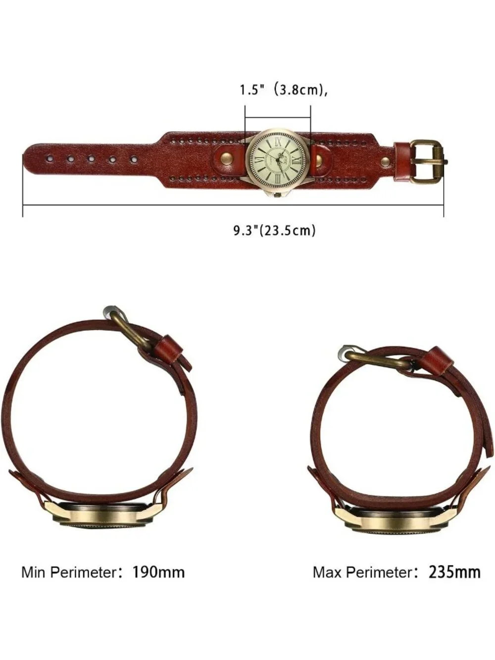 Unisex Brown Analog Quartz Roman Numerals Wide Leather Strap Vintage Wrist Watch